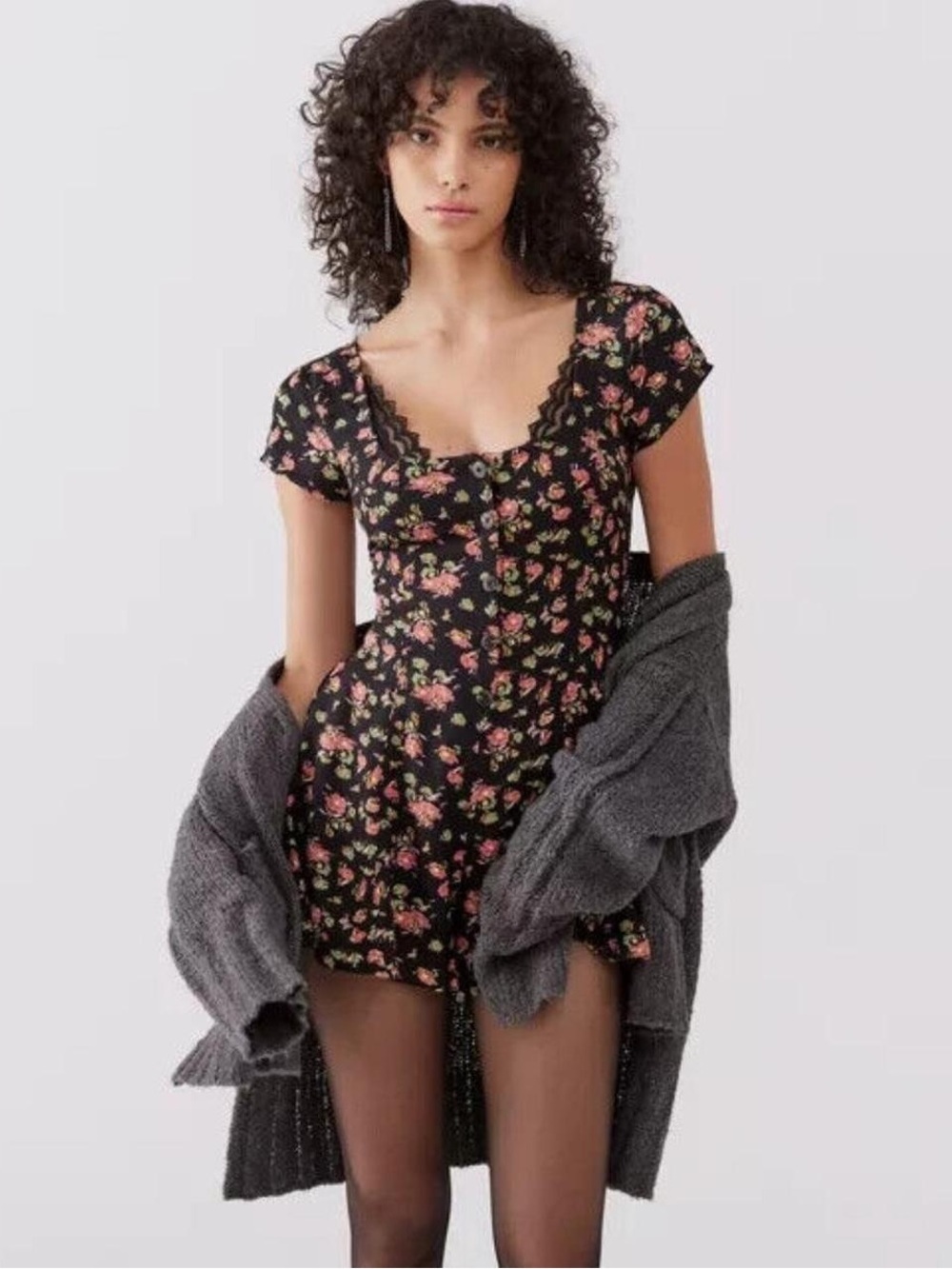 Urban Outfitters | Dresses | Nwot Urban Outfitters Black Mini Dress With Pink Yellow Floral Print